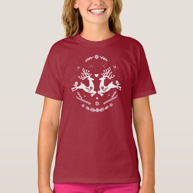 T-shirt Belle Fête Scandi Rouge Blanc Noël Cerf (Devant)