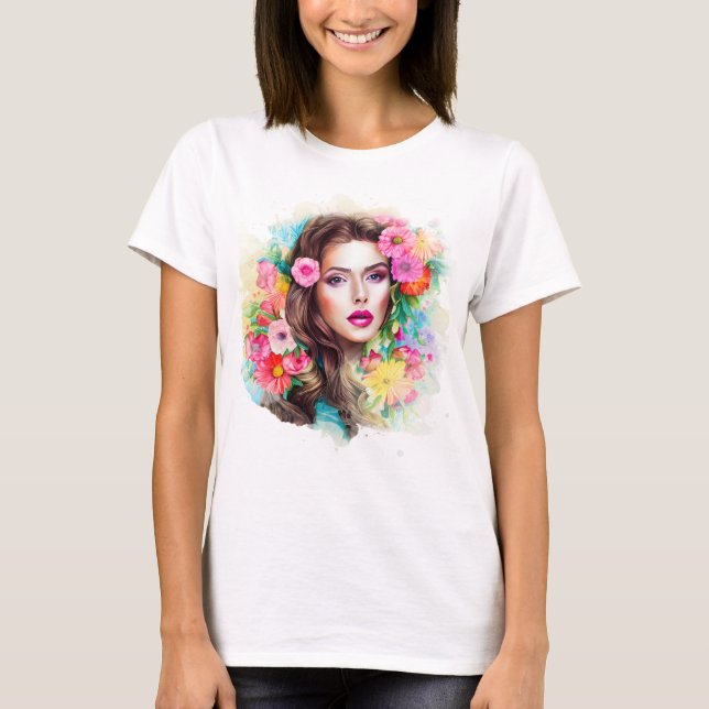 T-shirt Belle Fille Avec Fleurs Rose Rose Blanc (Devant)