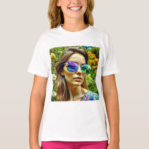T-shirt Belle fille avec lunettes de soleil Fleurs de réfl