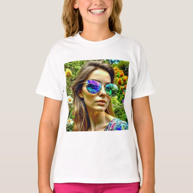 T-shirt Belle fille avec lunettes de soleil Fleurs de réfl (Devant)