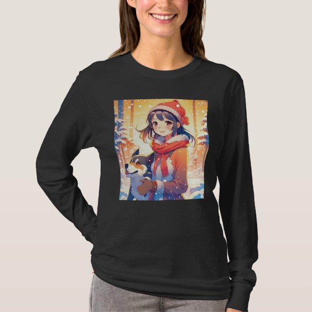 T-shirt Belle Fille d'Anime avec Chien Husky Noël (Devant)