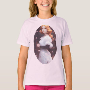 T-shirt Belle Jeune Fille Parmi Les Fleurs Roses Portrait