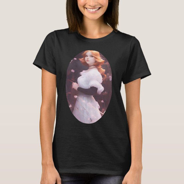 T-shirt Belle Jeune Fille Parmi Les Fleurs Roses Portrait (Devant)