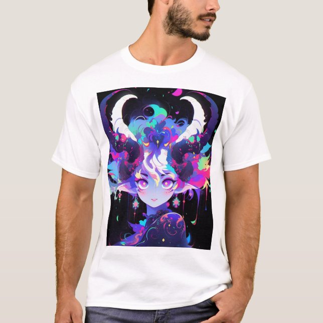 T-shirt Belle Neon Anime Demon Elf Girl avec cornes (Devant)