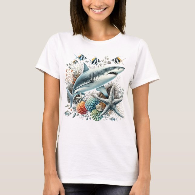 T-SHIRT BELLE REQUIN DANS L'OCEAN AVEC POISSON ET CORAIL  (Devant)