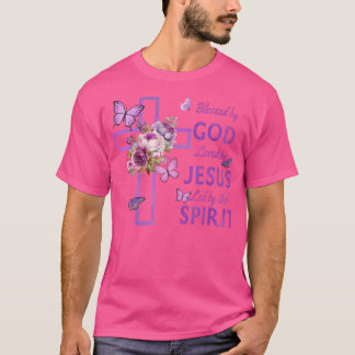 T-shirt Béni Par Dieu Aimé Par Jésus Croix Violette