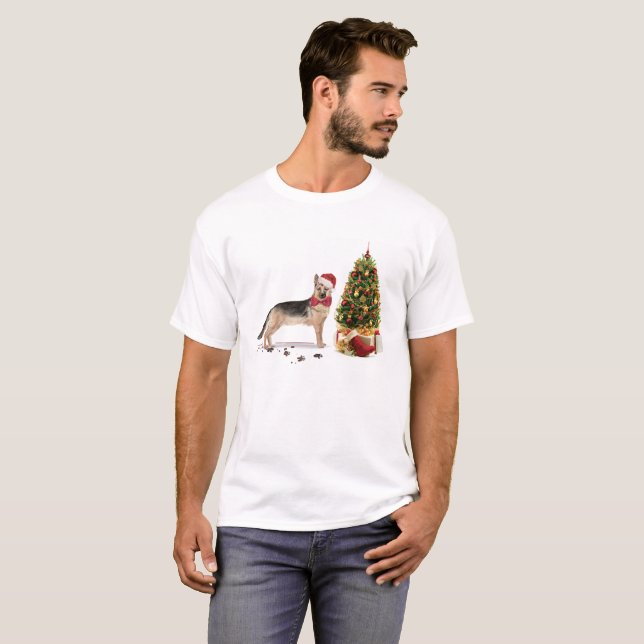 T-shirt Berger allemand drôle Chien de Noël avec arbre (Devant entier)