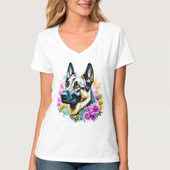 T-shirt Berger allemand en Fleurs roses et jaunes (Devant)