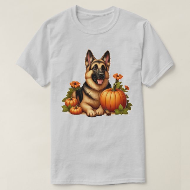 T-shirt Berger allemand reposant avec Citrouilles et fleur (Design devant)