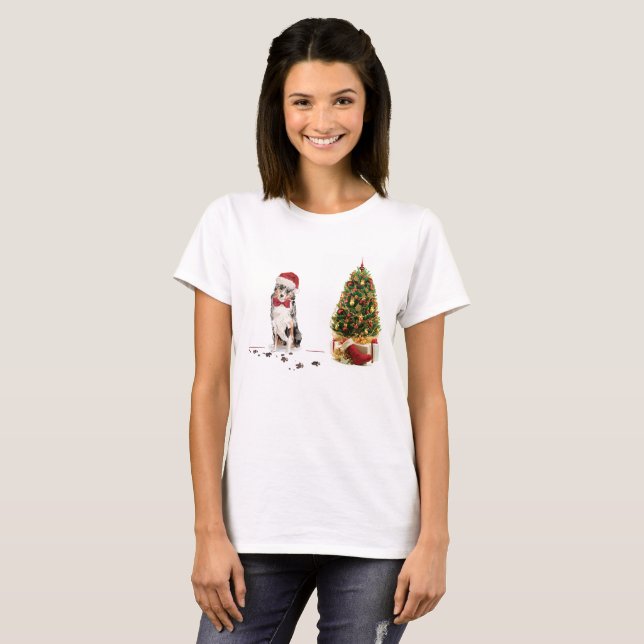T-shirt Berger australien Chien de Noël drôle avec arbre (Devant entier)