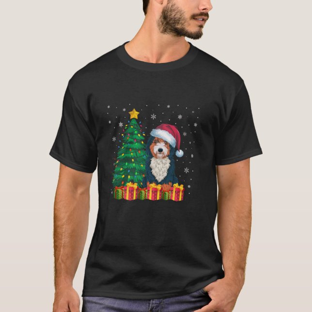 T-shirt Bernedoodle laid Santa Hat lumières de Noël Chien  (Devant)