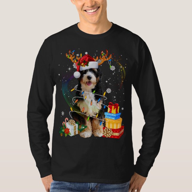 T-shirt Bernedoodle Reindeer Feux de Noël Drôle Chien Xm (Devant)