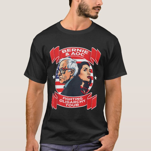 T-shirt Bernie &amp; Aoc Combattre l'Oligarchie Tour (Devant)