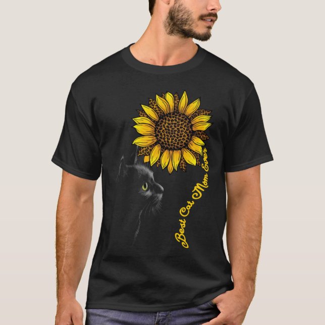 T-shirt Best Cat Mom Ever Sunflower Leopard  Black Cat Mot (Devant)