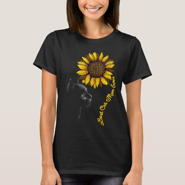 T-shirt Best Cat Mom Ever Sunflower Leopard  Black Cat Mot (Devant)