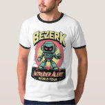 T-shirt Bezerk Intruder Alert World Tour Retro Arcade<br><div class="desc">Vibrant retro-style illustration featuring a fierce pixelated robot from a classic 1980s arcade game parody, with "BEZERK" at the top and "INTRUDER ALERT WORLD TOUR" below. This bold, neon-colored design captures the essence of vintage Berzerk-inspired gaming culture, complete with lightning effects and an aggressive robot pose – perfect for fans...</div>