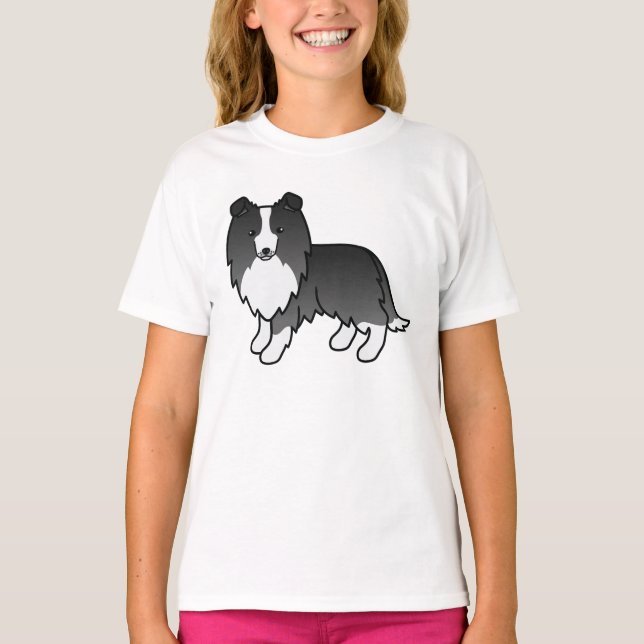 T-shirt Bi-Black Shetland Sheepdog Sheltie Cartoon Chien (Devant)