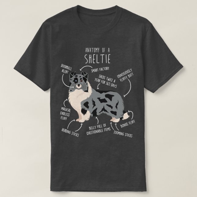 T-shirt Bi Blue Sheltie Shetland Sheepdog Anatomie (Design devant)