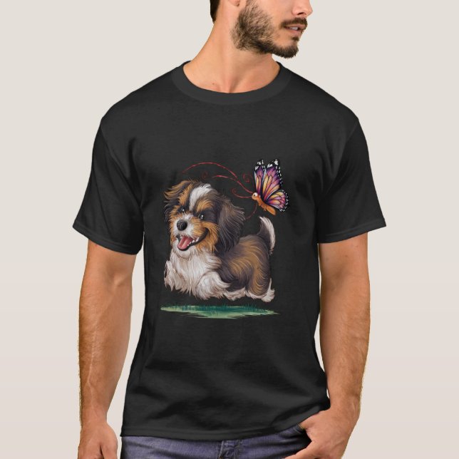 T-shirt Bichon havanais avec papillon coloré. (Devant)