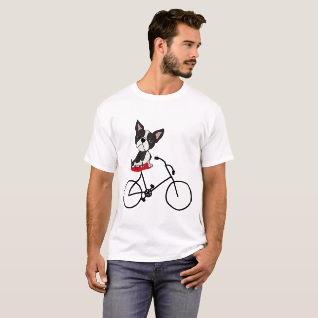 T-shirt Bicyclette drôle d'équitation de terrier de Boston (Devant entier)