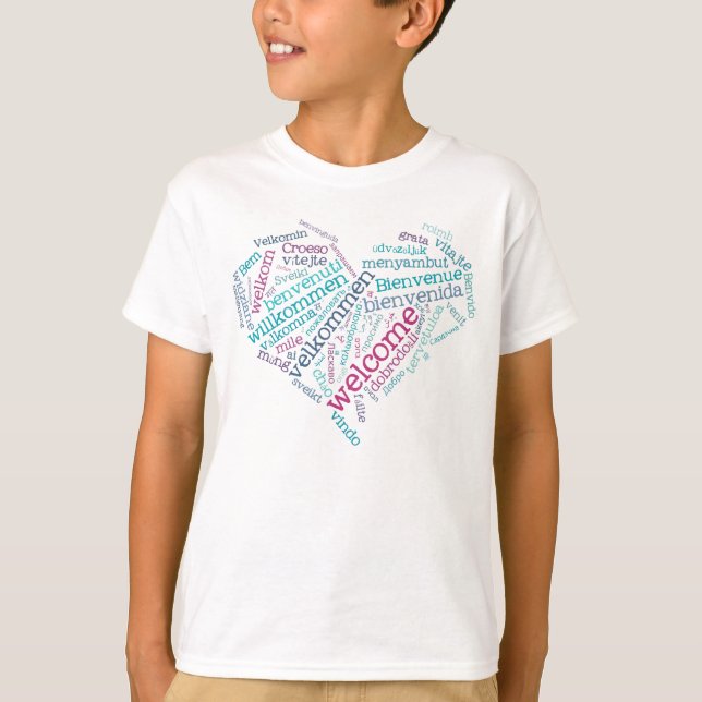 T-shirt bienvenu de coeur (beaucoup de langues) (Devant)
