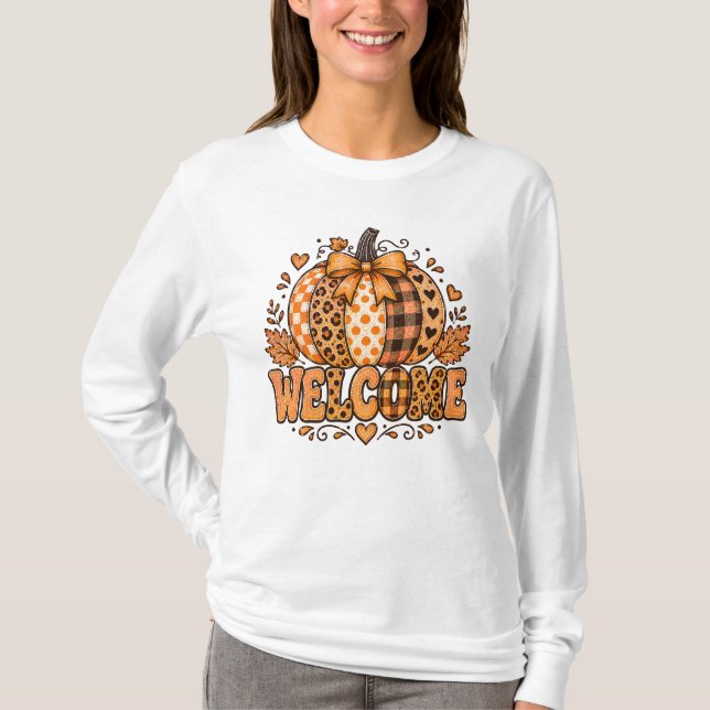 T-shirt Bienvenue à l'automne Patchwork Citrouille Léopard (Devant)