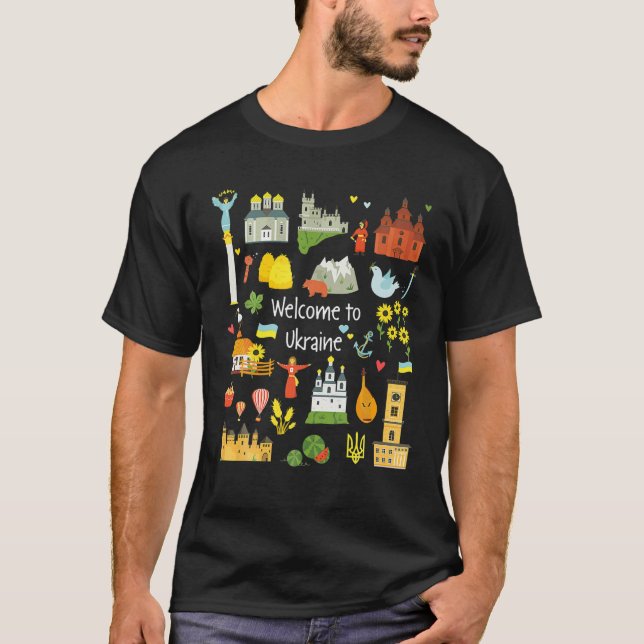 T-shirt Bienvenue En Ukraine, Drapeau Et Symboles Ukrainie (Devant)