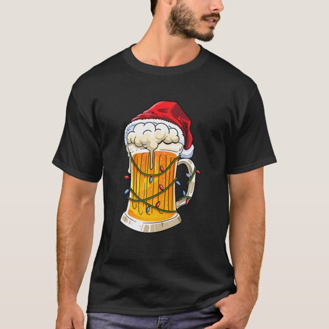 T-shirt Bière Noël Mug Santa Chapeau Noël Lumières Hommes  (Devant)