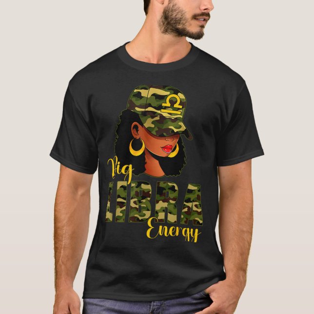 T-shirt Big Libra Energy Camouflage Black Woman Cap Zodiac (Devant)