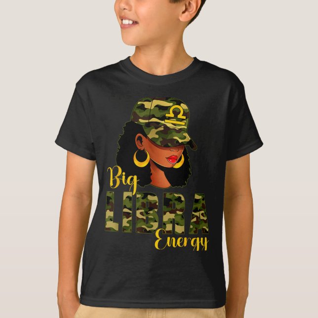 T-shirt Big Libra Energy Camouflage Black Woman Cap Zodiac (Devant)