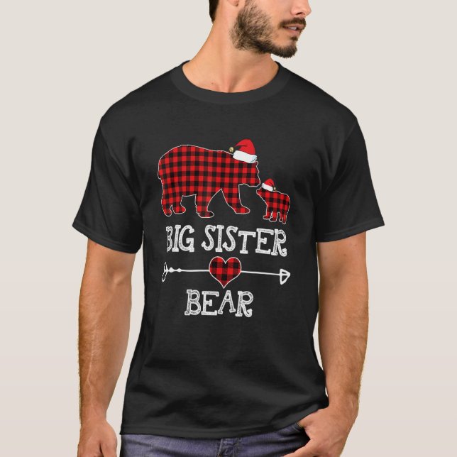 T-shirt Big Sister Bear Christmas Pajama Red Plaid Buffalo (Devant)