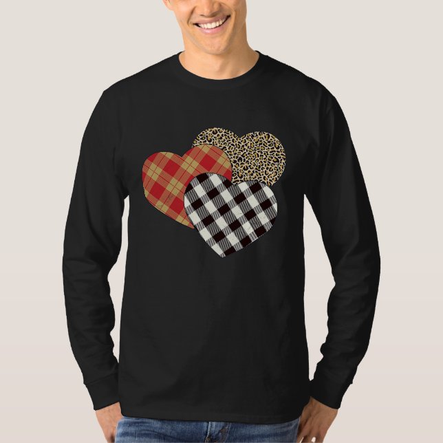 T-shirt Big Three Hearts Leopard Buffalo Plaid  Valentine' (Devant)