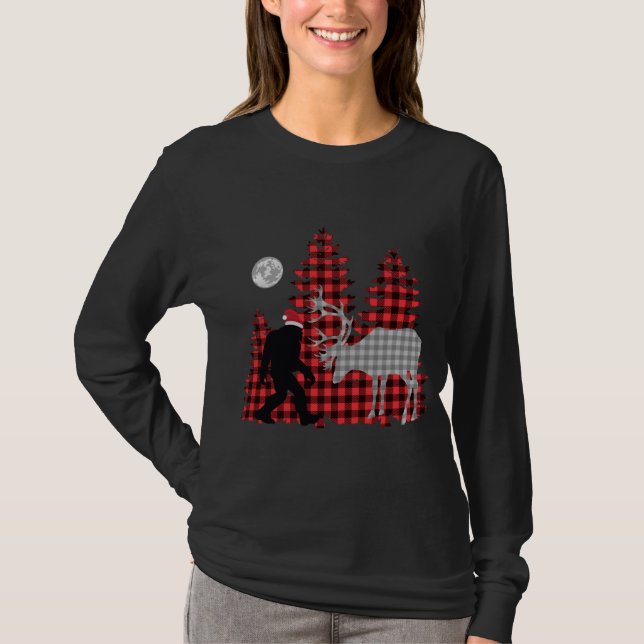 T-shirt Bigfoot Buffalo Plaid Noël Arbres et rennes (Devant)