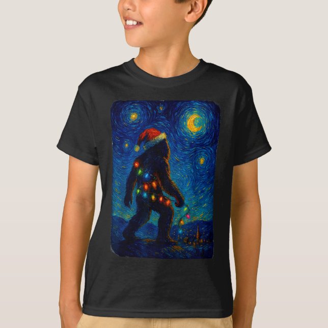 T-shirt Bigfoot Christmas Sasquatch Santa Hat Starry Night (Devant)