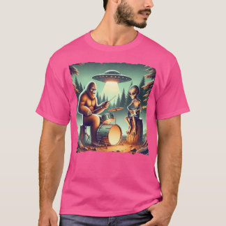 T-shirt Bigfoot Drôle Avec Tambours Et Alien Jouant Électr