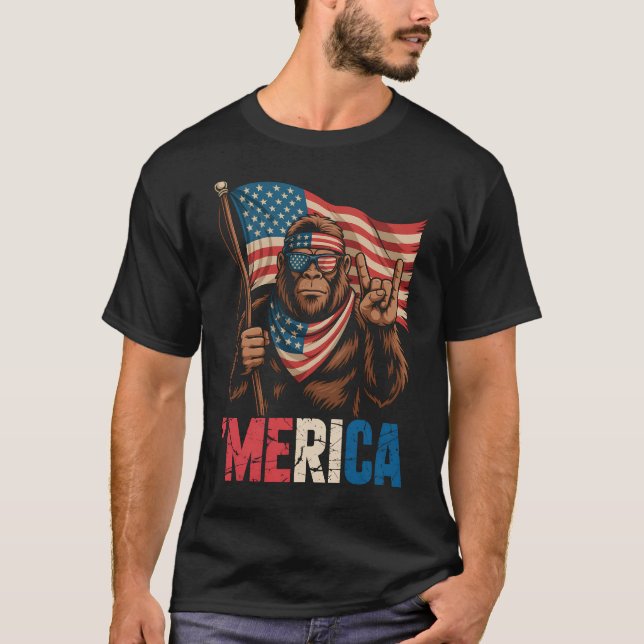T-shirt Bigfoot Merica Rock American Flag Sasquatch USA (Devant)