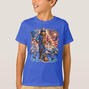 T-shirt Bigfoot Patriotique Marchant des Dauphins Drôle Fê