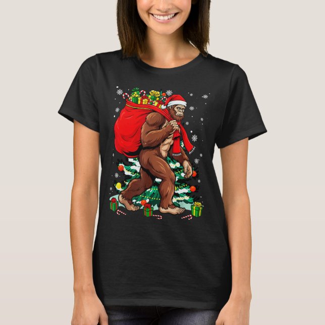 T-shirt Bigfoot Santa Carrying Christmas Bag Xmas Hat Sasq (Devant)