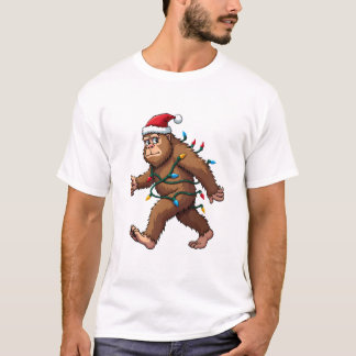 T-shirt Bigfoot Santa Christmas Tree Lights Xmas Boys Men 