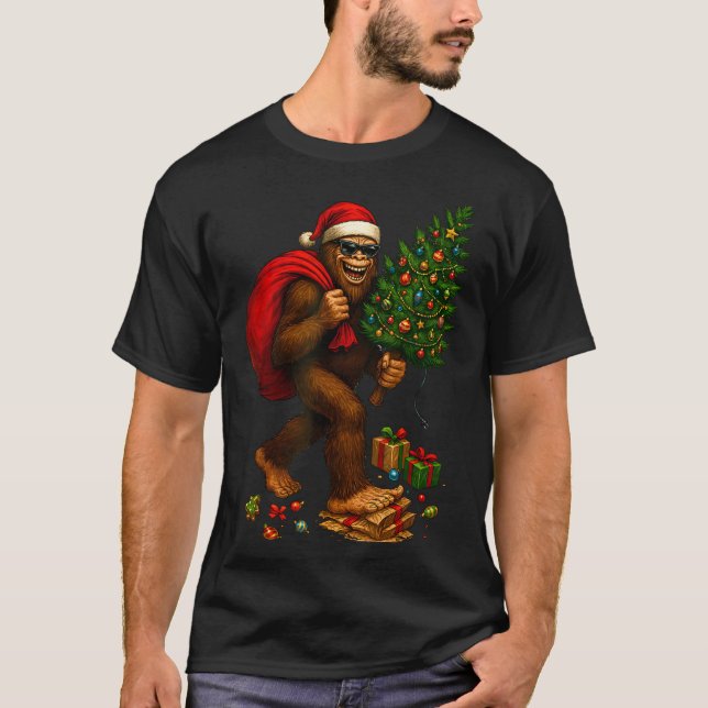 T-shirt Bigfoot Santa Christmas Tree Lights Xmas Boys Men  (Devant)