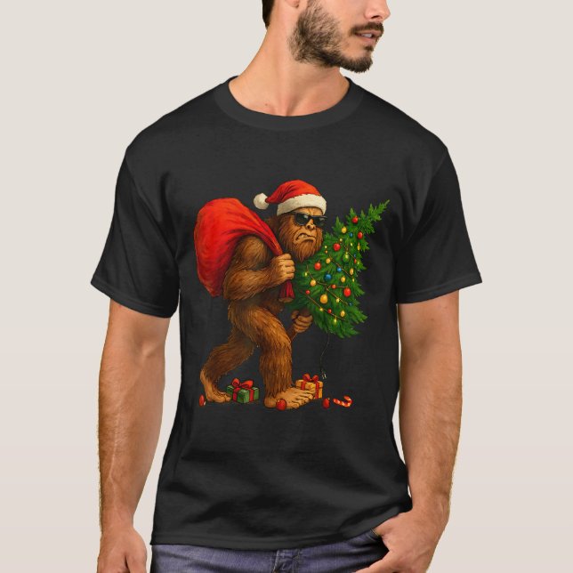T-shirt Bigfoot Stealing Christmas Tree Lights Xmas Boys M (Devant)
