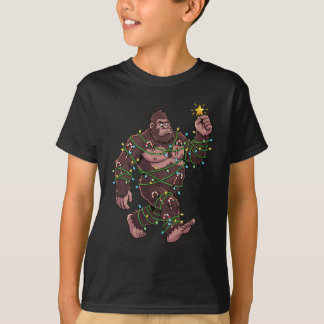 T-shirt Bigfoot Wrapped in Christmas Lights