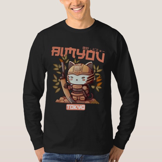 T-shirt Bimyou Samurai Cat Graphic with Cherry Blossom Tre (Devant)