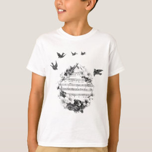 T-shirt Birds Flying French Sheet Musique Fleurs Wreath Bi