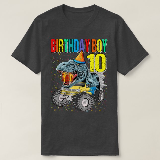T-shirt Birthday Boy 10 Monster Truck Dinosaur 10th Birthd (Design devant)