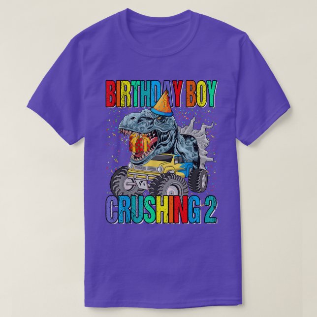 T-shirt Birthday Boy Crushing 2 Monster Truck Dinosaur  (Design devant)