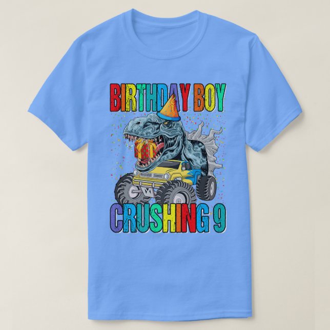 T-shirt Birthday Boy Crushing 9 Monster Truck Dinosaur  (Design devant)