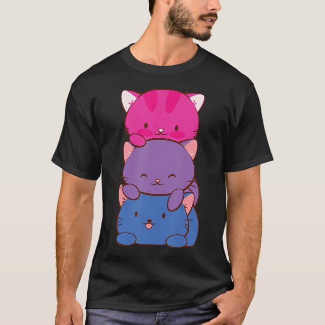 T-shirt Bisexual Pride Kawaii Kitty Cat Stack Anime (Devant)