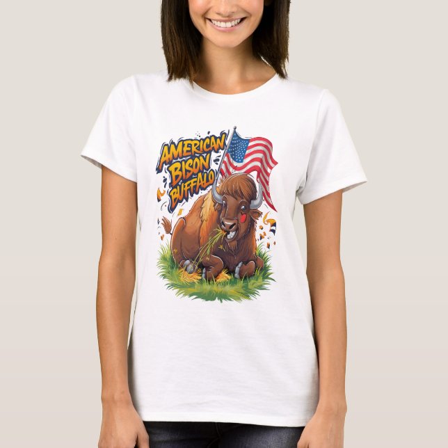 T-shirt Bison avec drapeau américain dans l'herbe (Devant)