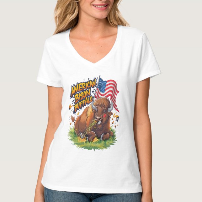 T-shirt Bison avec drapeau américain dans l'herbe (Devant)